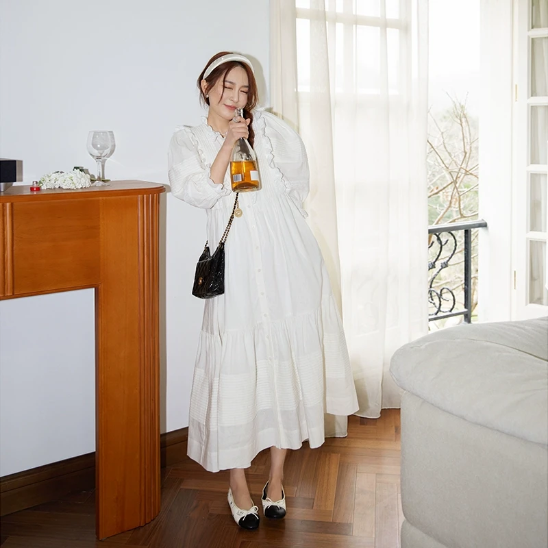 纯色泡泡袖花边连衣裙QL231007