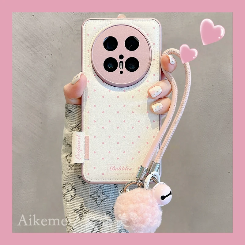 适用华为mate70pro+手机壳mate60pro皮质波点mate5040pro毛球挂绳