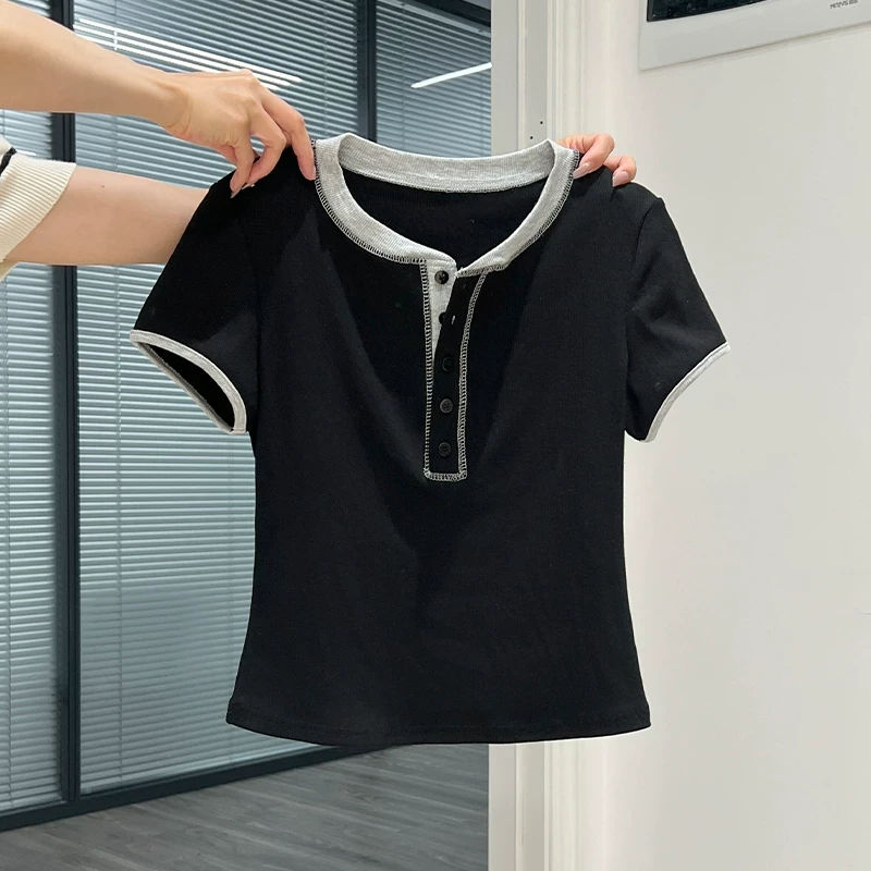 美式拼色纽扣半开领短袖T恤女春夏亨利领修身打底衫纯欲上衣