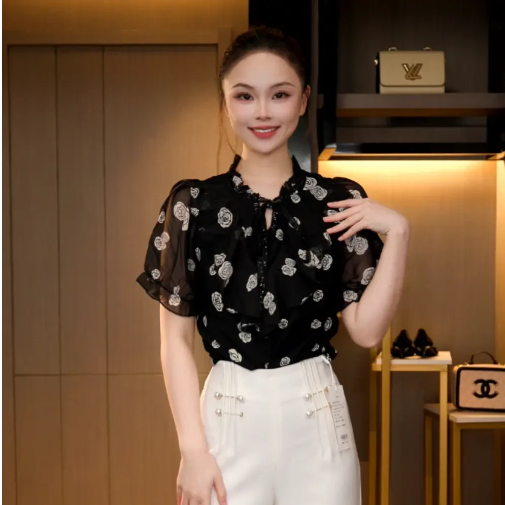 L4X1798 法式复古显瘦气质琉璃双绉丝T恤上衣