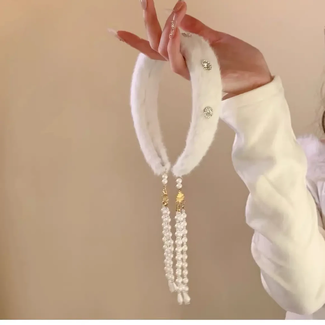 秋冬氛围感珍珠流苏毛绒发箍女头饰增高颅顶头箍发饰发卡