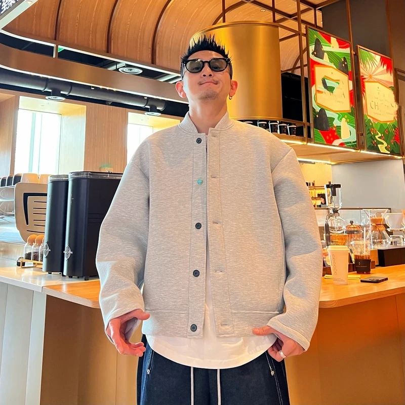 美式纯色简约休闲时尚潮流情侣同款外套百搭长袖纽扣棒球服夹克男