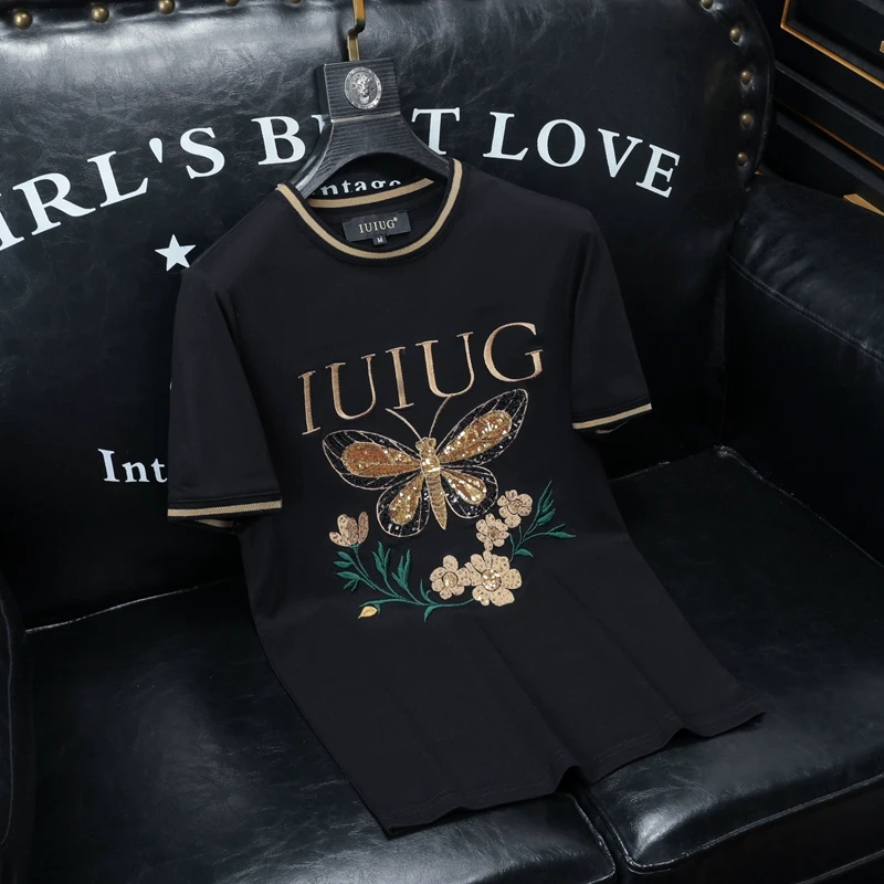 刺绣烫钻短袖t恤男半袖潮流2025夏季新款欧洲站绣花体恤小衫青年