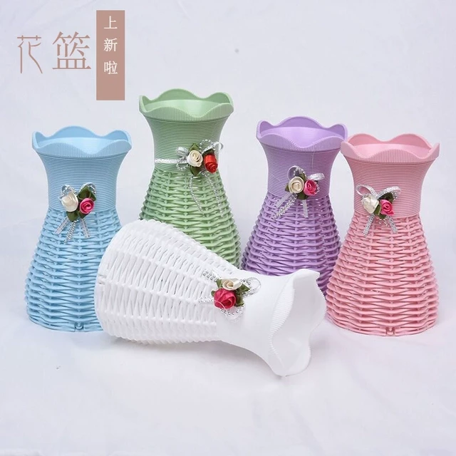 小花篮塑料仿藤编欧式桌面摆件客厅插干花花瓶迷你仿真花束装饰瓶
