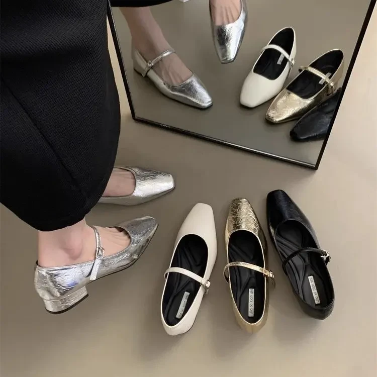 银色玛丽珍鞋女法式粗跟一字扣2025年春季新款时尚一字带芭蕾单鞋