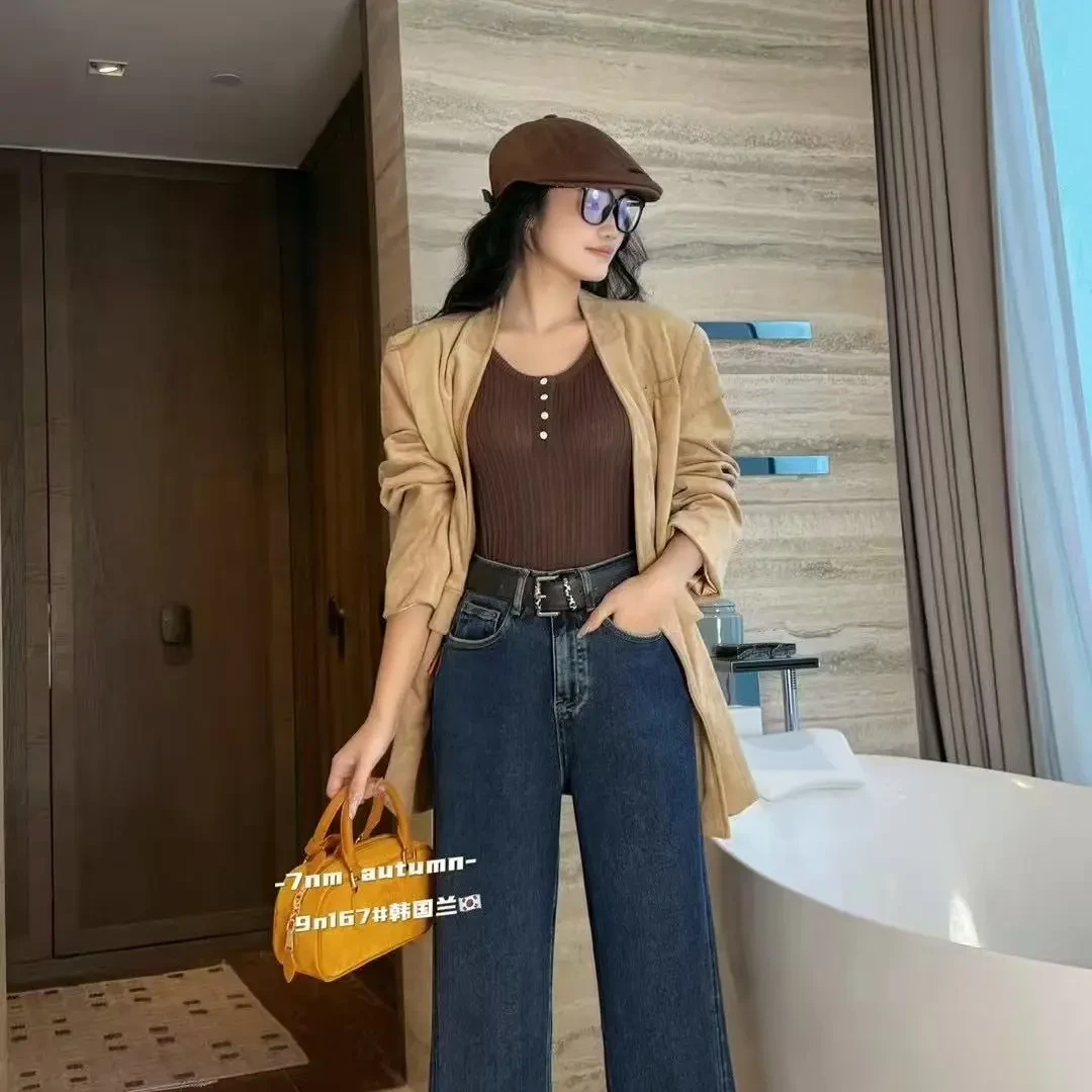 秋冬弹力显瘦窄版直筒牛仔裤女刺绣翻边遮胯