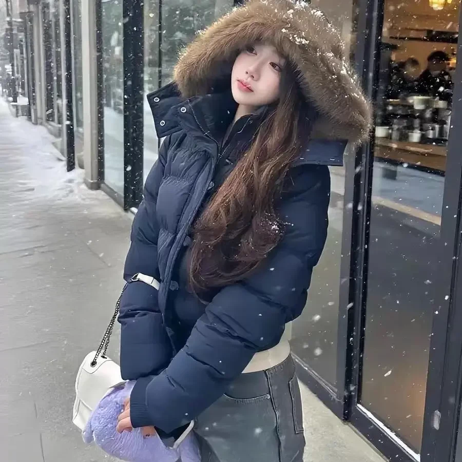 冬季百搭藏青色连帽毛领短款棉衣棉袄女新款保暖加厚羽绒棉服外套