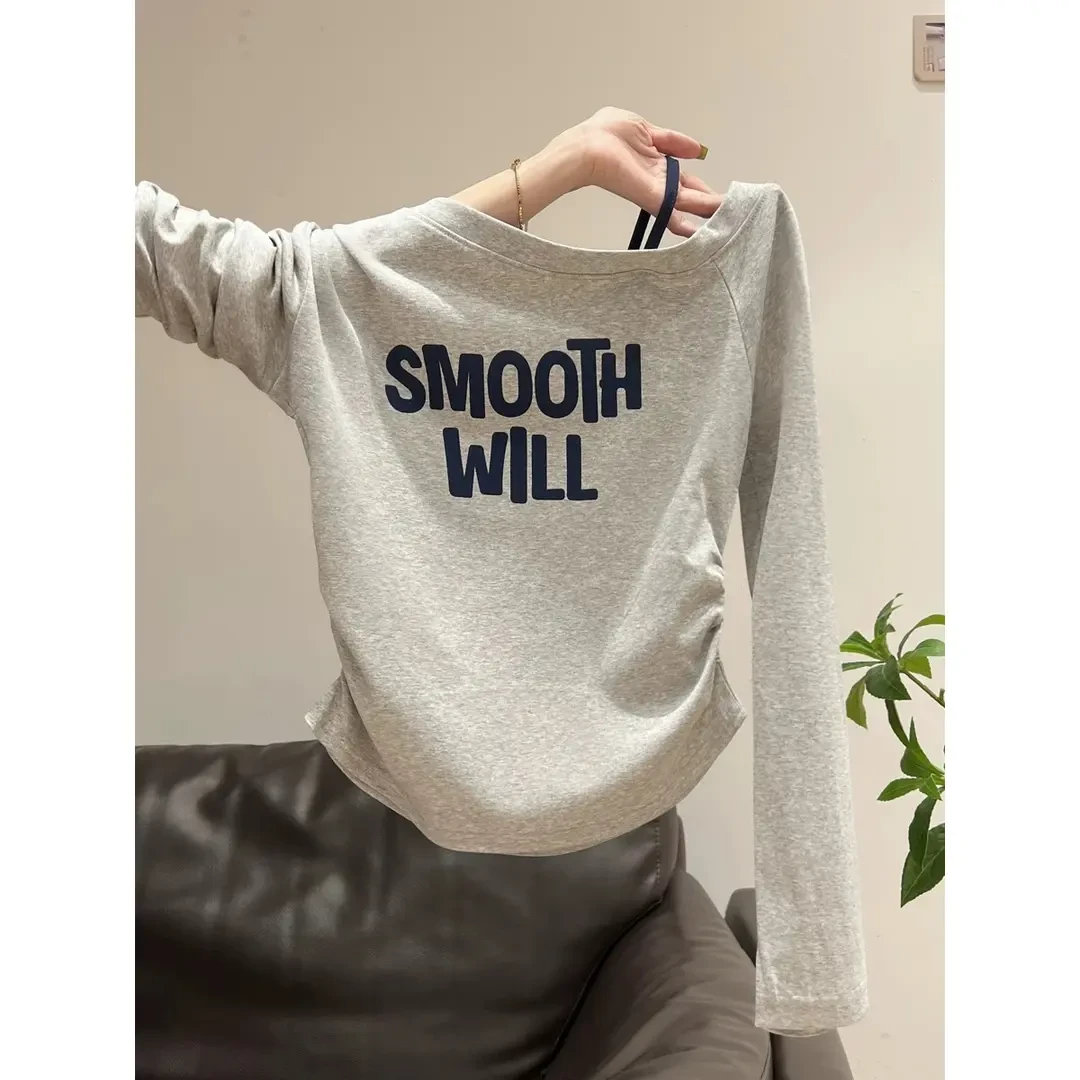 美式性感露肩带长袖t恤2025早秋季褶皱时尚修身显瘦百搭女上衣ins