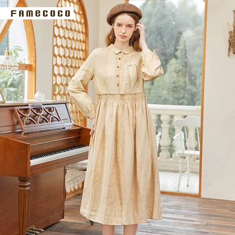 famecoco范可儿连衣裙 POLO领文艺炒色高腰A字长裙女FAB1FA011