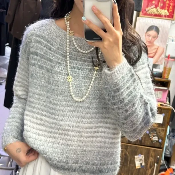 温柔风2025秋季新品拼色韩系慵懒甜美宽松亮丝百搭毛针织衫纯色衫