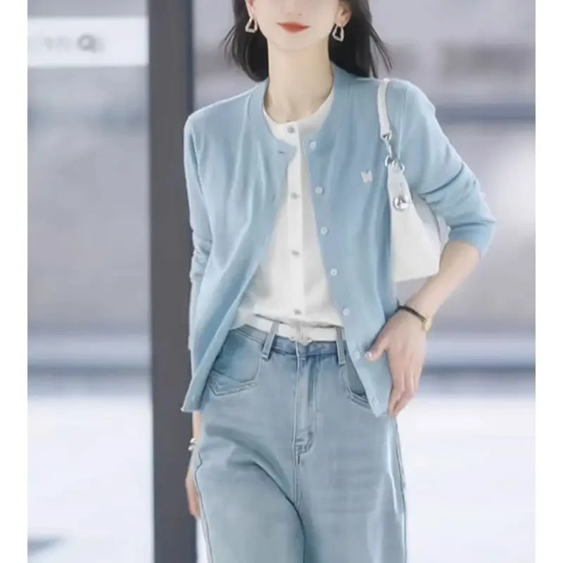 蓝色假两件气质针织开衫女春季新款撞色通勤洋气长袖百搭上衣潮