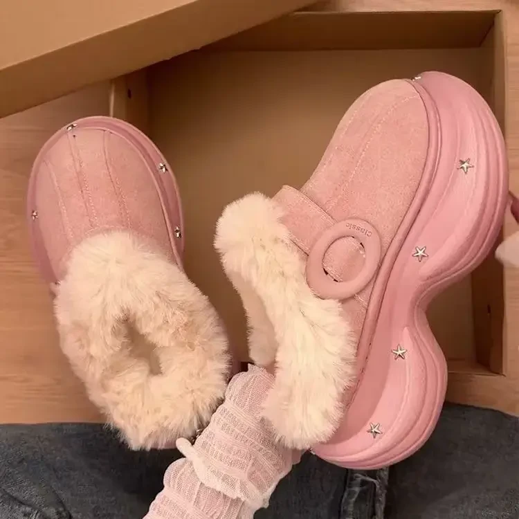 厚底增高毛毛棉拖鞋女2025秋冬季新款外穿加绒加厚保暖包头半拖鞋