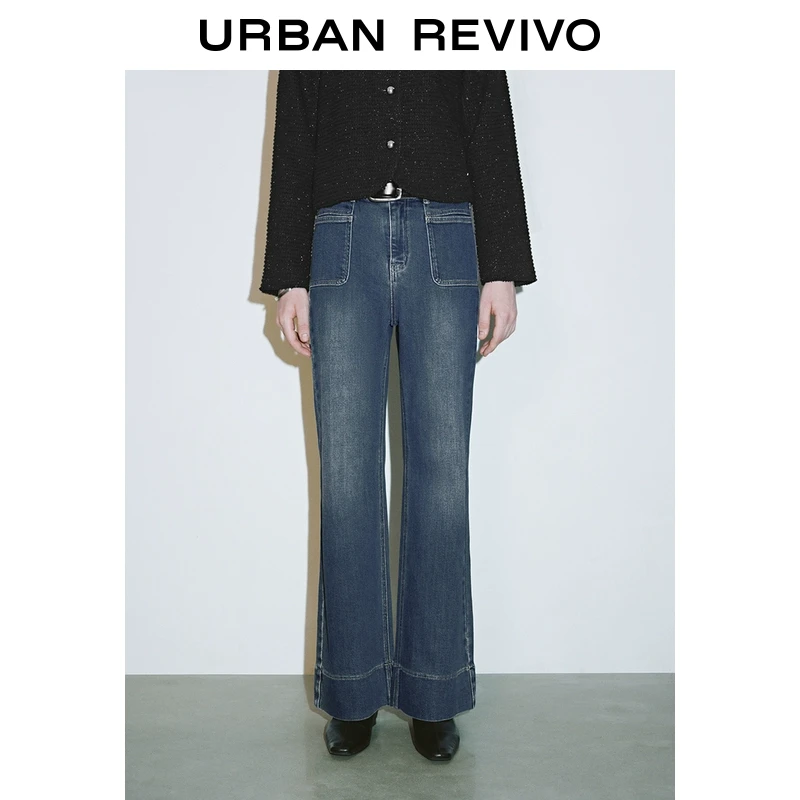 UR2025秋季新款女装复古休闲水洗高腰微喇牛仔长裤UWM850031