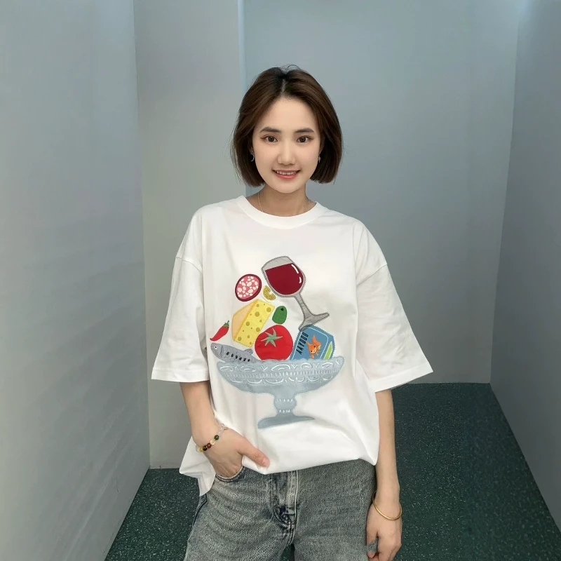 【美食贴布绣T恤】2025夏新款美食餐盘贴布刺绣T恤