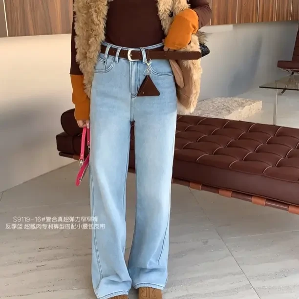 【反季蓝加绒窄版直筒裤】9119冬款高腰牛仔裤密密绒真超柔超暖小猫