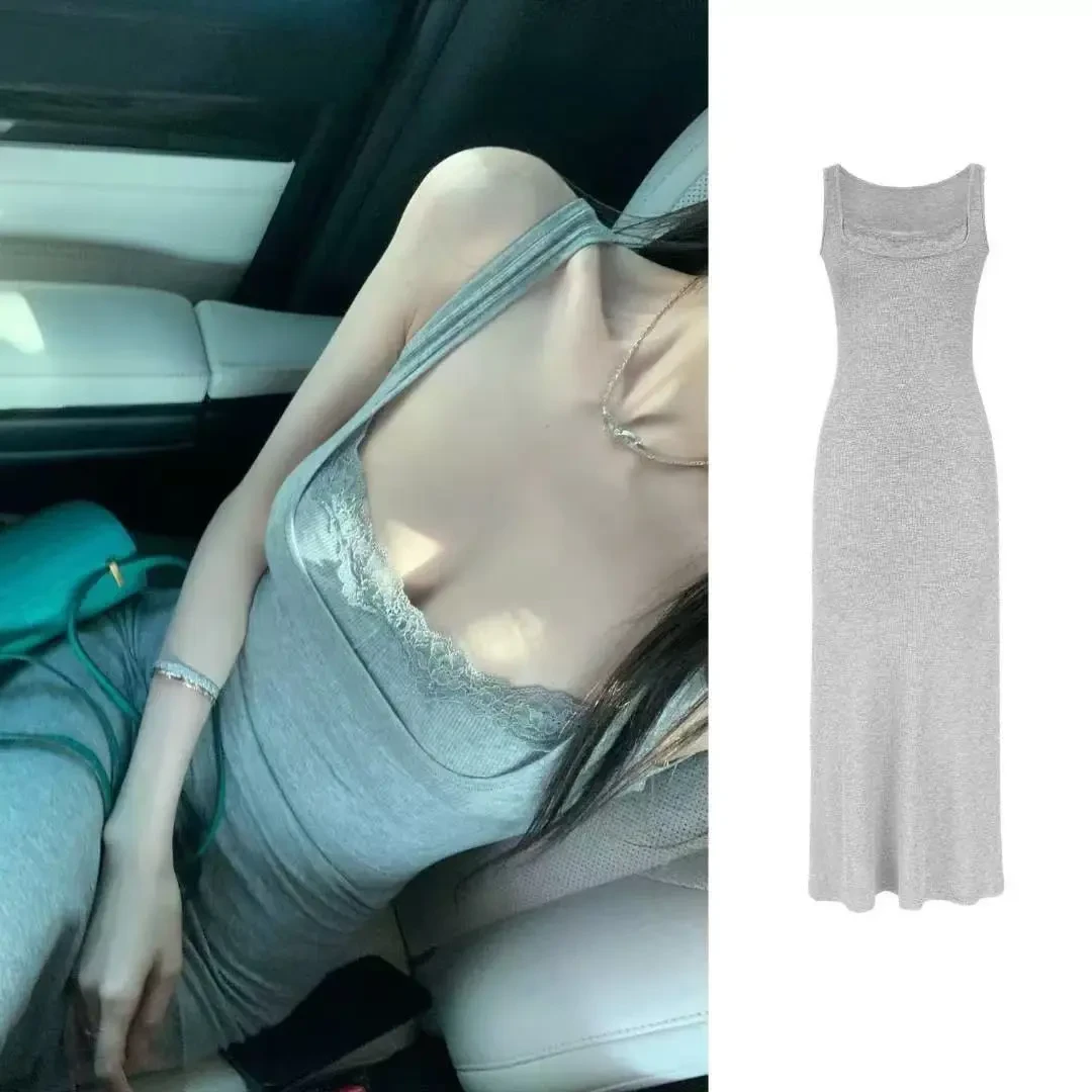 【现货】御姐风性感假两件设计感蕾丝边方领长裙2025新款包臀裙