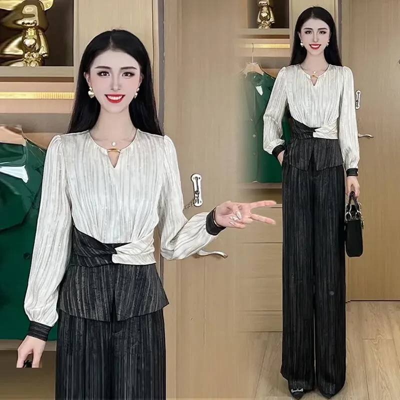 时尚高级感套装女2025春季新款洋气显瘦撞色拼接衬衫阔腿裤两件套