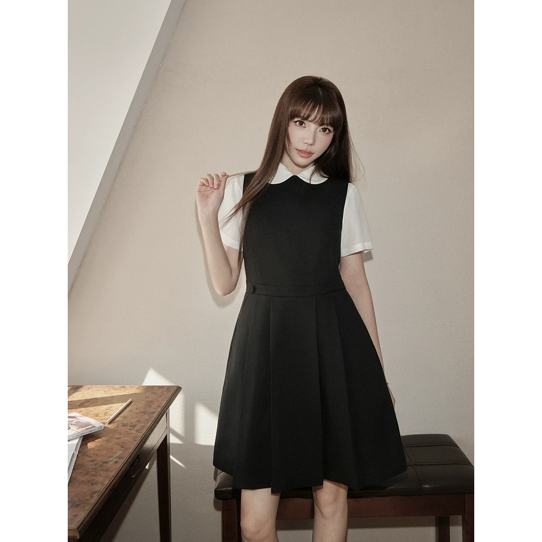 avenement/韩式学院风无袖百褶连衣裙中长款收腰显瘦减龄女