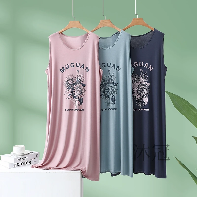 莫代尔大码背心裙女2025印花无袖睡裙中长款睡衣胖MM家居服连衣裙