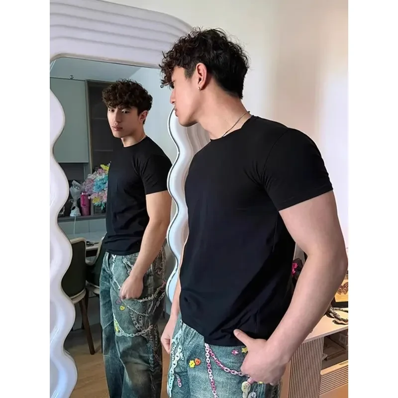 黑色收袖口健身短袖男夏季紧身收腰半截袖修身显肌肉cleanfitT恤