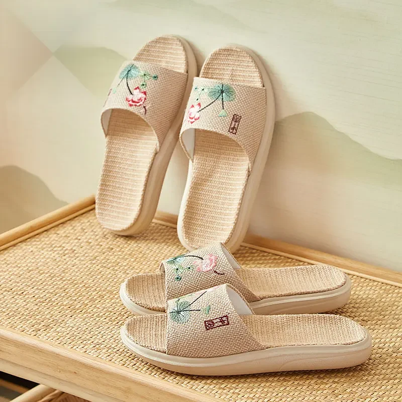 中国风新款夏季亚麻拖鞋女士居家室内防滑厚底透气草编吸汗可外穿