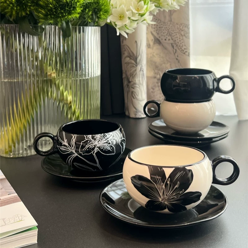 复古美式油画水仙花咖啡杯子高档精致创意拿铁杯设计感小众陶瓷杯