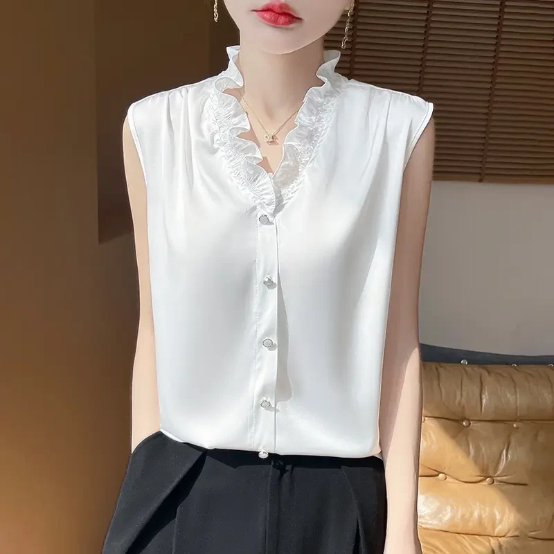 法式赫本风~ 女士缎面衬衣 木耳边 V领衬衫 无袖开衫优雅气质百搭