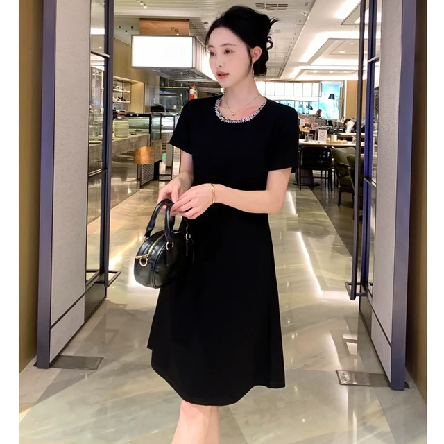 2025夏装时尚收腰显瘦小黑裙宽松休闲圆领短袖连衣裙898