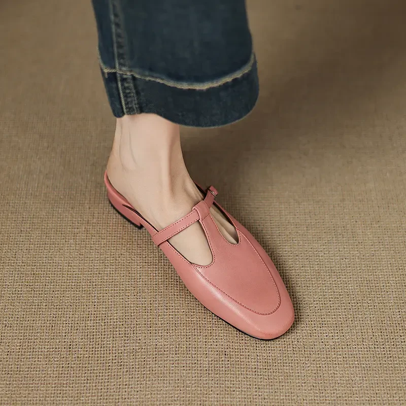 【NICESEE】3cm,春夏新款仙女粉粗跟半拖鞋女真皮中跟透气包头凉拖