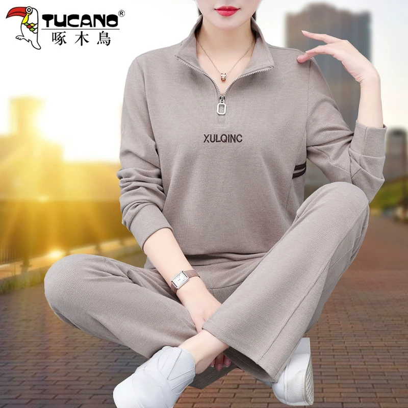 啄木鸟半开领运动套装女春秋2025新款洋气减龄妈妈休闲卫衣两件套