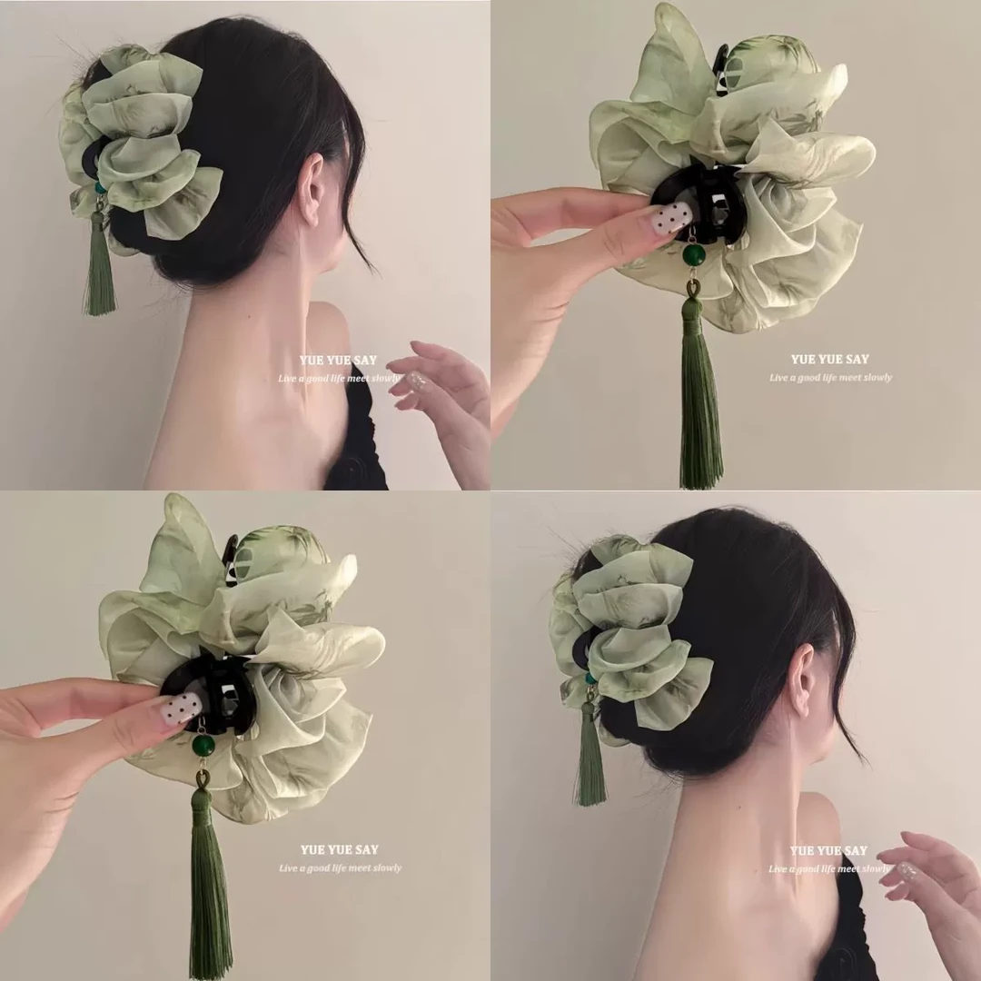 只此青绿~复古流苏云朵网纱抓夹新中式气质时尚鲨鱼夹子旅行发卡