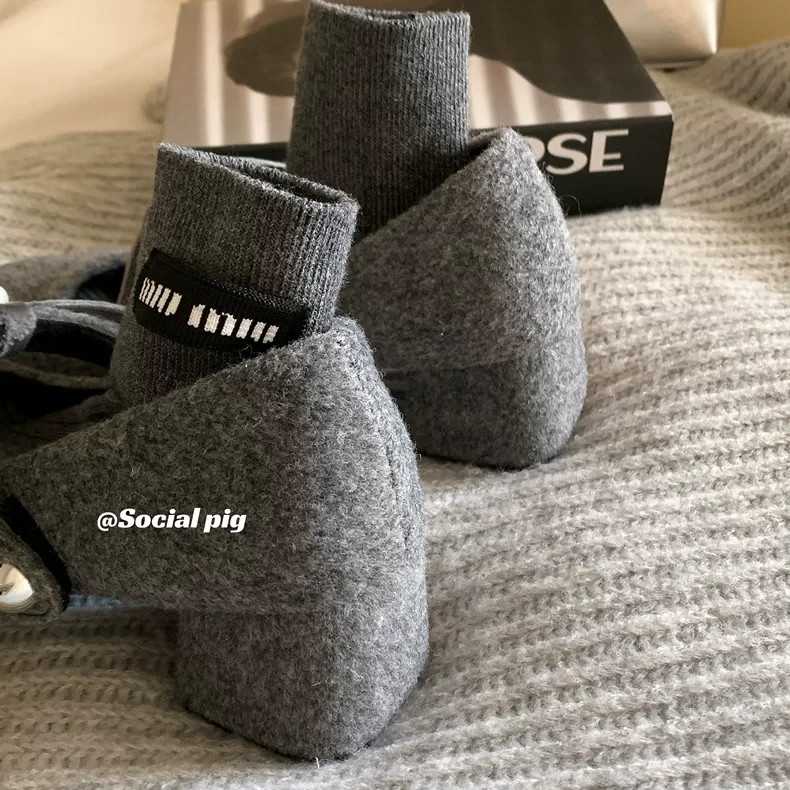 智性灰~气质法式粗跟温柔呢子料单鞋加绒蝴蝶结玛丽珍鞋穆勒鞋子