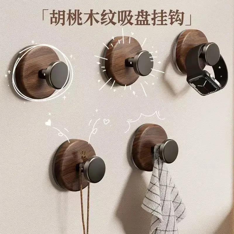中古风胡桃木挂钩真空吸盘免打孔厨房卫生间入户进门后玄关挂衣服