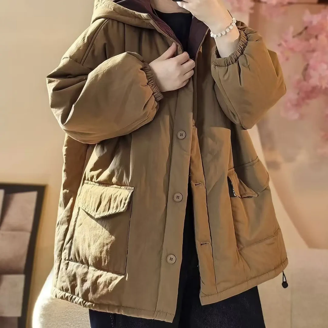 冬季女连帽大口袋休闲中长款夹棉保暖外套