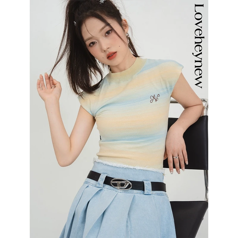 【年底宠粉福利】高领渐变条纹针织甜辣短袖女夏季新款多巴胺-3X043