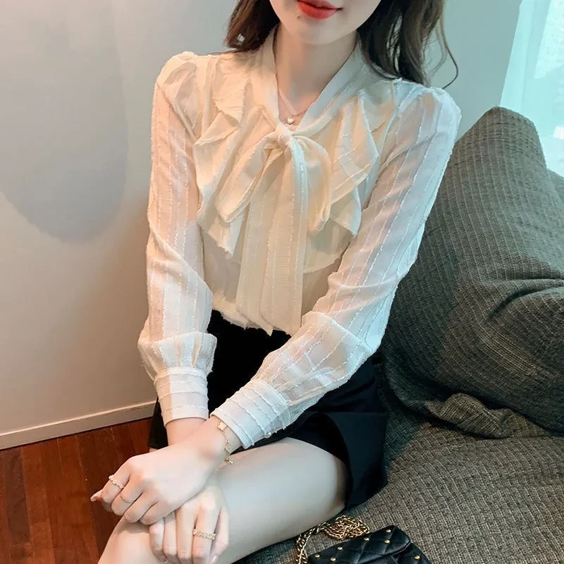 蝴蝶结衬衫女2025春秋季新款法式荷叶边长袖显瘦休闲时尚衬衣6118