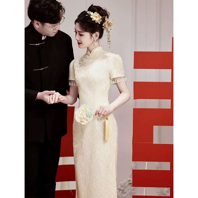 蕾丝订婚礼服女2025新款旗袍敬酒服新娘小个子米白色轻奢小众高端