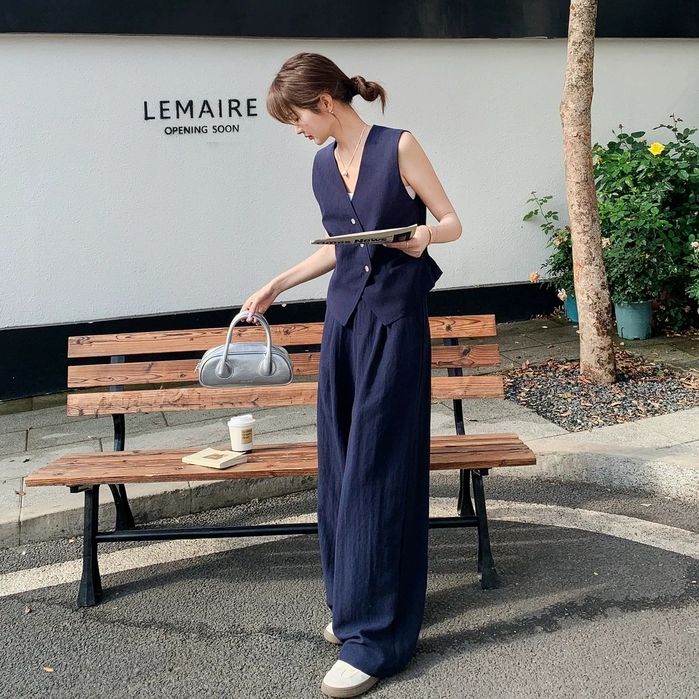 高级感老钱风V领马甲时髦套装女2025夏气质显瘦高腰阔腿裤两件套