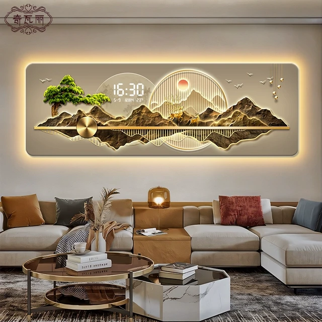 背有靠山客厅装饰画轻奢高级感电子时钟沙发背景墙挂画迎客松壁画