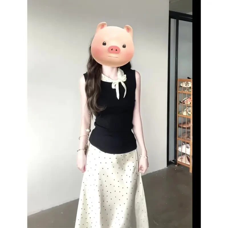 法式蝴蝶结波点背心夏季假两件修身显瘦优雅气质上衣+波点半身裙