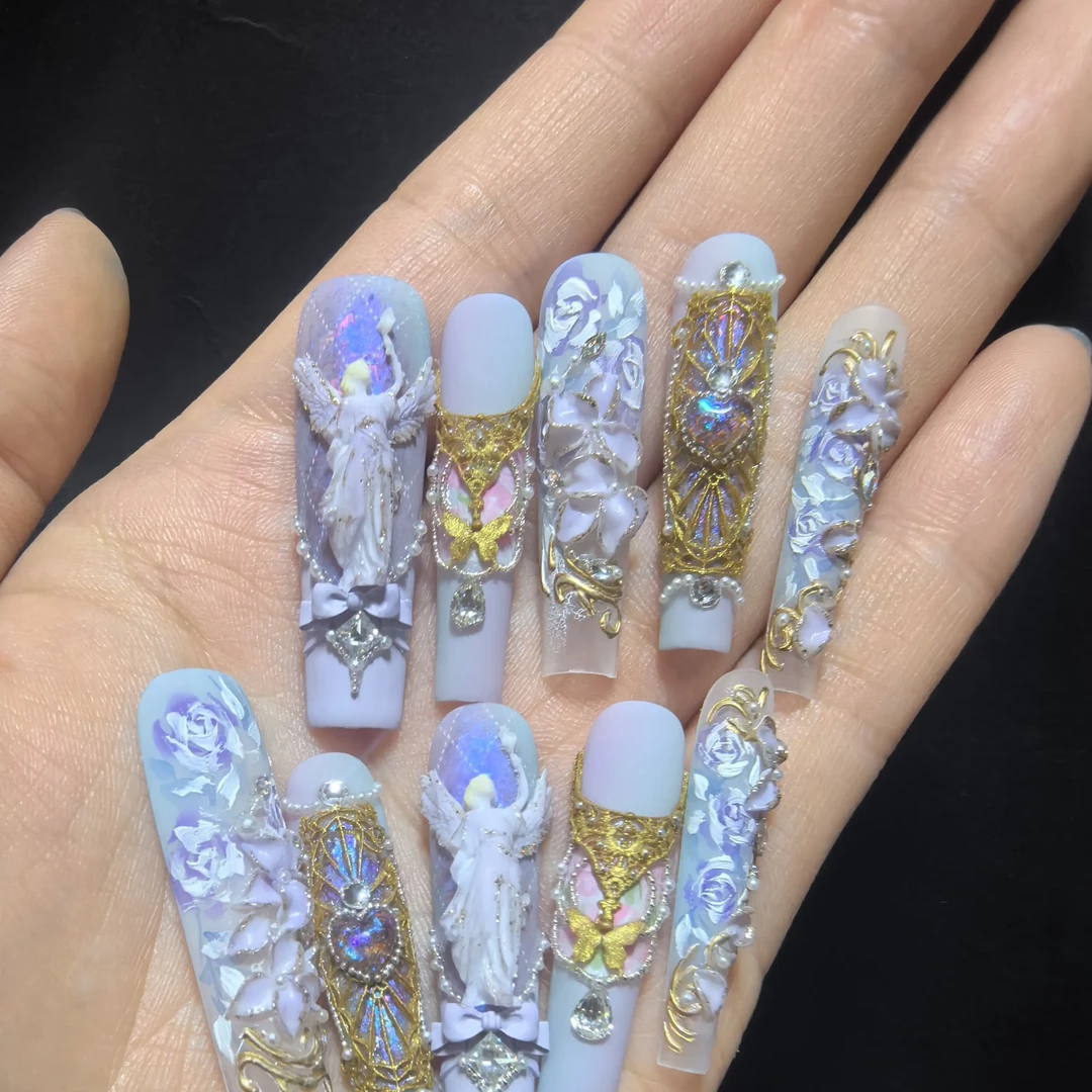 手工穿戴甲欧式复古紫色神殿梯形长款重工美甲穿戴甲