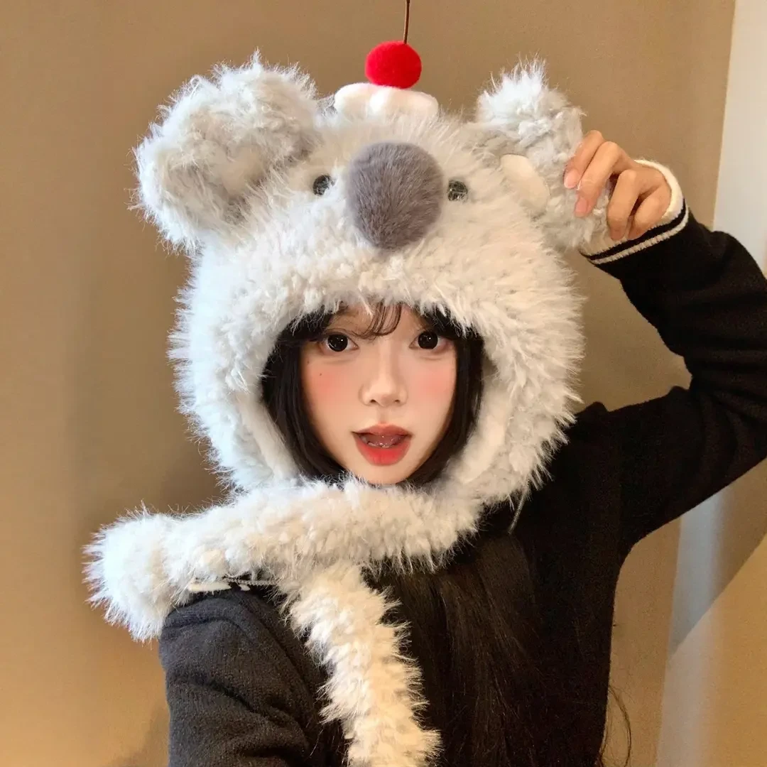 樱桃考拉包头帽秋冬毛绒帽雷锋帽冬季骑车百搭防风加绒加厚帽子F
