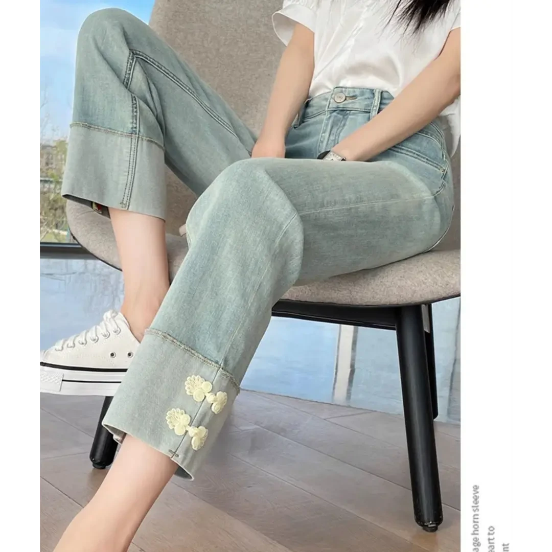 新中式国风盘扣直筒牛仔裤女2025夏秋款宽松八分小个子烟管裤
