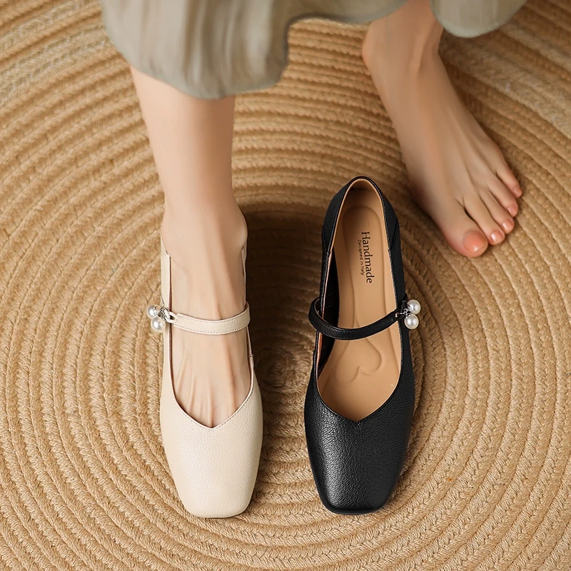 4cm 春秋新款方头浅口一字带玛丽珍鞋休闲百搭粗跟法式复古女单鞋