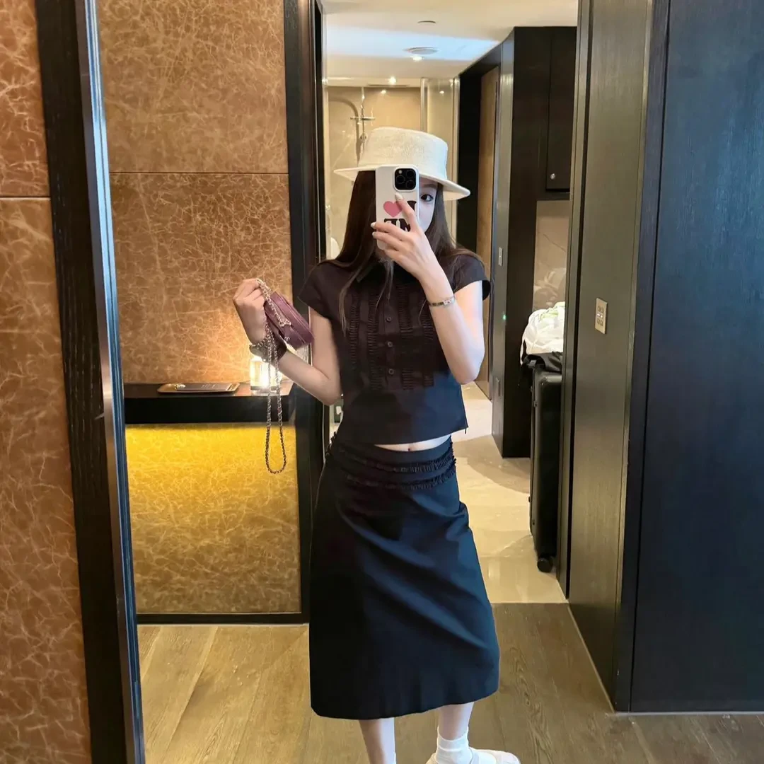 富家千金气质衣服花边压褶无袖衬衫背心上衣夏季高级感包臀半身裙