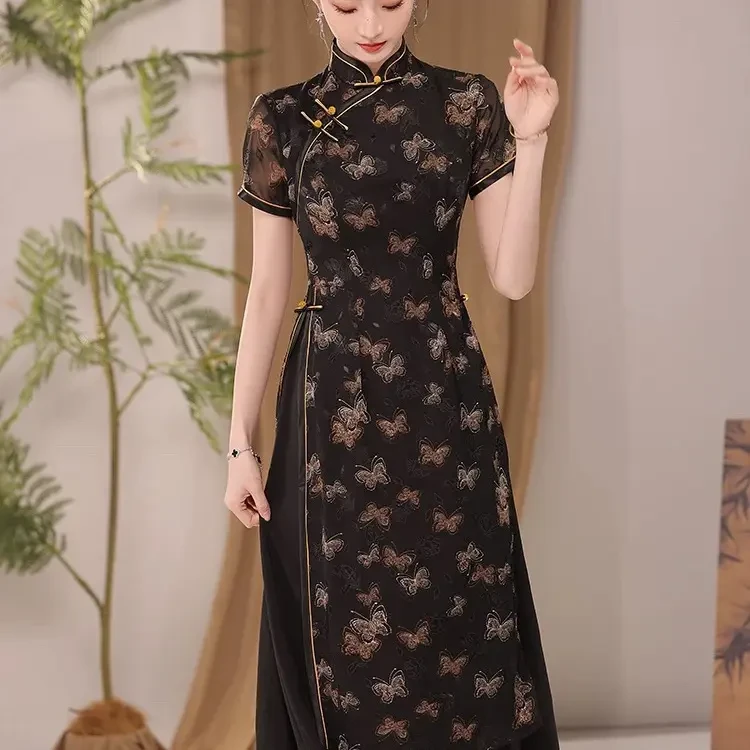 高腰裙剪花蝴蝶单奥袋日常低开衩旗袍印花黑色夏季显瘦优雅ZX