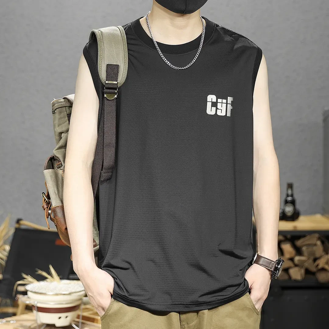 冰丝速干潮牌背心男冰感坎肩男士运动健身宽松大码印花无袖T恤潮T