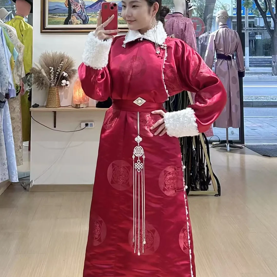 女士冬季款传统民族风加绒加厚传统蒙古袍