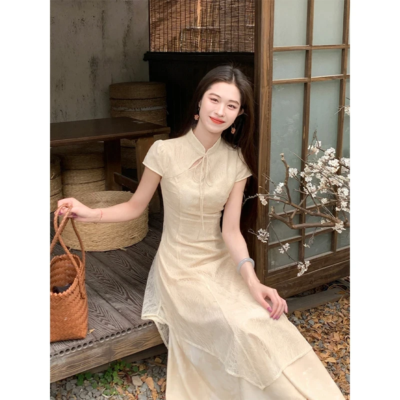 【幻真】新中式黄色显瘦长裙蕾丝印花春夏国风修身旗袍连衣裙子女装