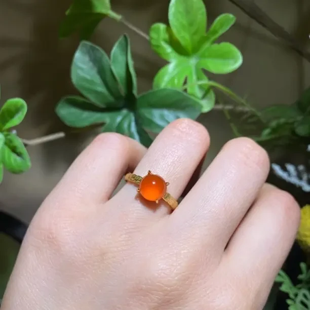 【橦芯珠宝】S925银镶嵌天然冰红南红戒指简约女款